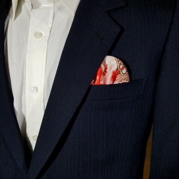 NEW Silk Pre-Folded Fan Design Pocket Square Insert - Melon Orange Floral - Picture 2 of 7